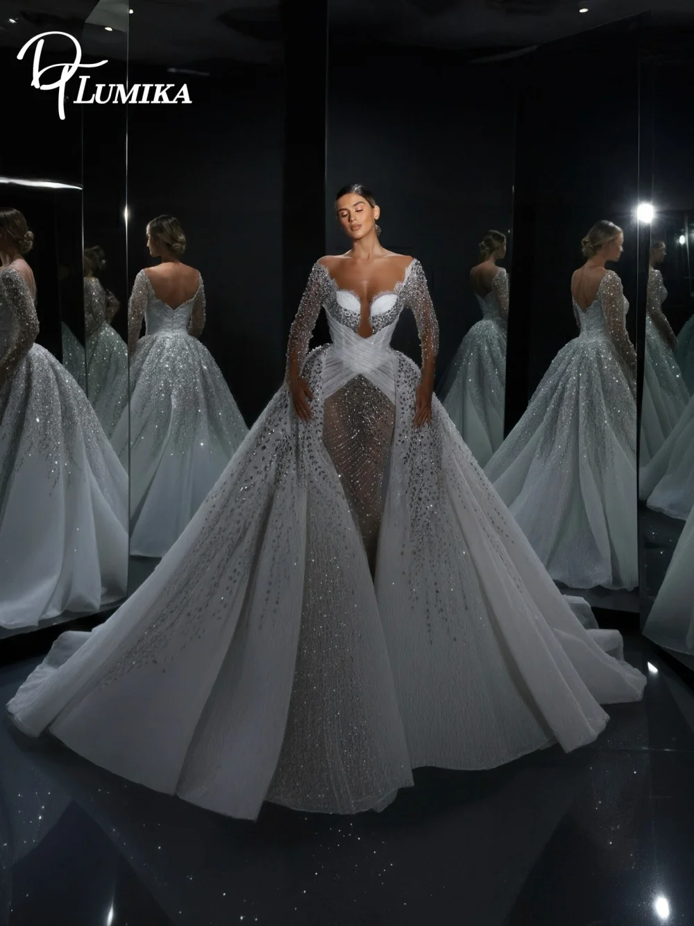 Glamorous Beaded Wedding Dress 2027 Deep V Illusion Long Sleeve Mermaid Gown With Detachable Overskirt Custom Vestidos De Novia