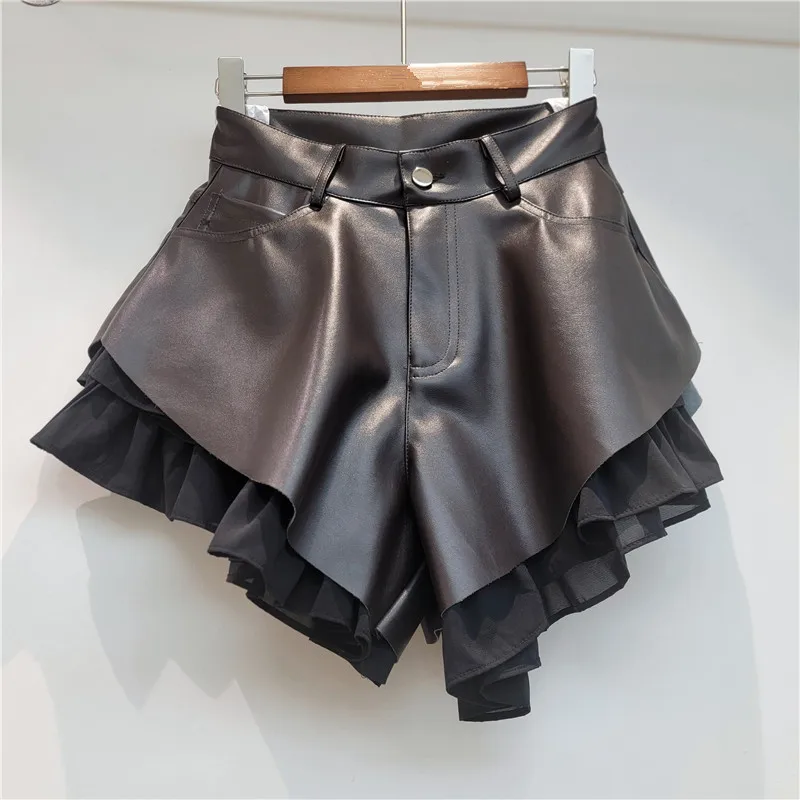 WTHT Trendy Summer 2026 Women's Double-layer Spliced PU Leather Shorts Fashion A-line High-waisted Short Pants Female 1LS3101