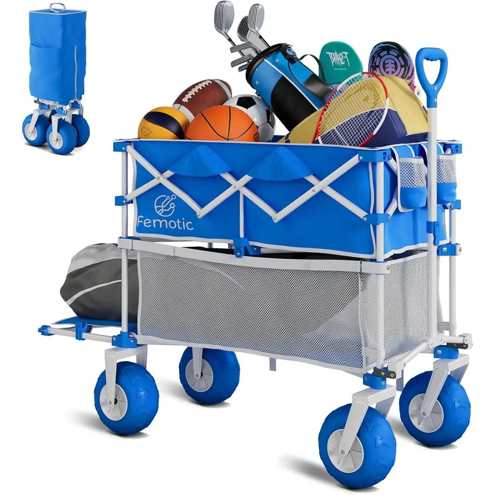 

Сверхбольшая складная тележка объемом 385 л с 9 вседорожными шинами для пляжа, кемпинга, сада и спорта - синяя