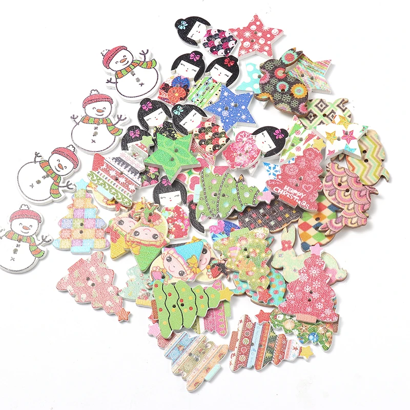 Natural Wood Buttons Cartoon Christmas Santa Claus Tree Round 2 Holes DIY Scrapbooking At Random Color Sewing Button Decor Tools