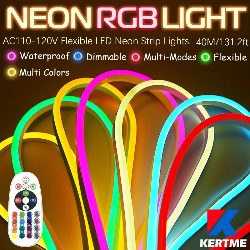 Neon Led Type AC 110-120V LED NEON Light Strip, Multi-Colors/Multi-Modes LED Rope Light + 24 Keys Remote(131.2ft/40m, RGB)