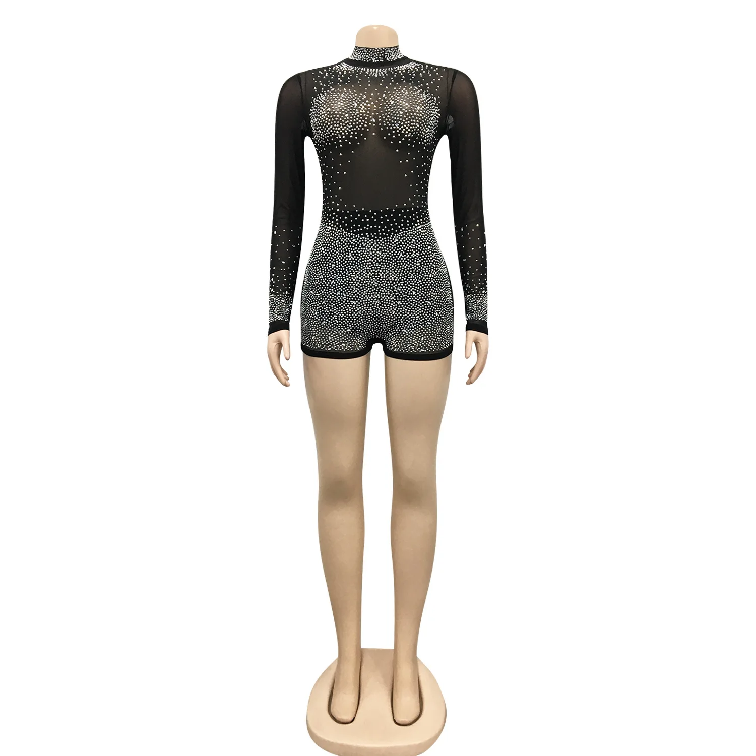 Sexy Party Prom Nightclub Club Banquet Round Neck Long Sleeve Hot Rhinestone See Through Jumpsuit