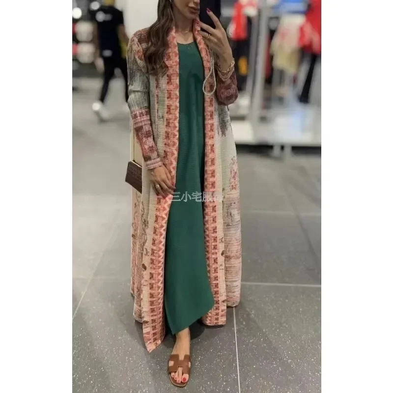 ALSEY Pleated Women's Long Abayas Middle East Dubai Style Loose Plus Size Robe Cardigan Tie Design Dress 2024 Fall New