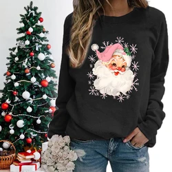 Christmas Pink Santa Claus Print Crew Neck Sweatshirts Casual Long Sleeve Retro Pink Santa Pullovers Merry Christmas Sweatshirts