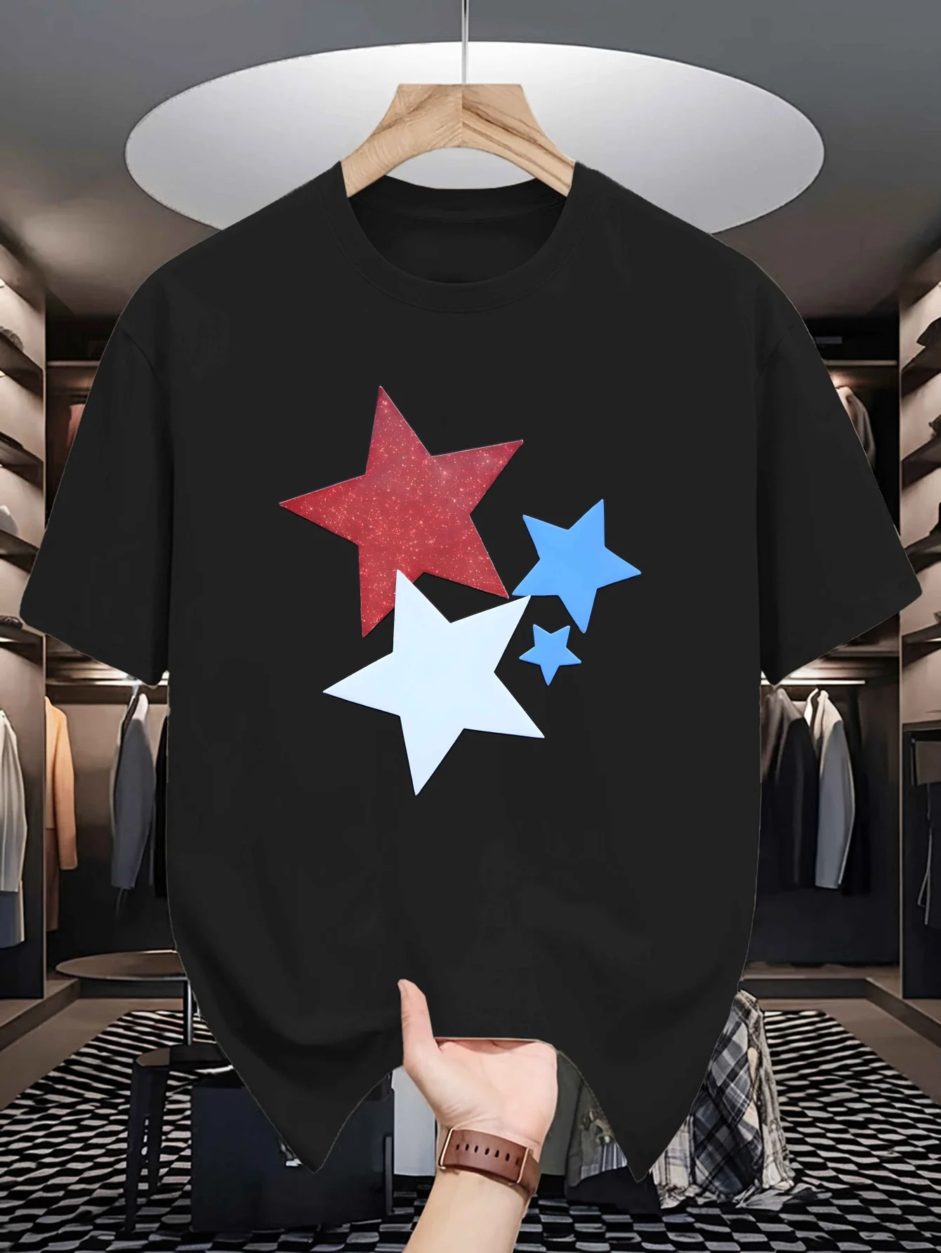 Red White Blue Glitter Multi Star Abstract Graphic Mens Crew Neck T Shirt Colorful Short Sleeve Casual Cotton Summer Tops
