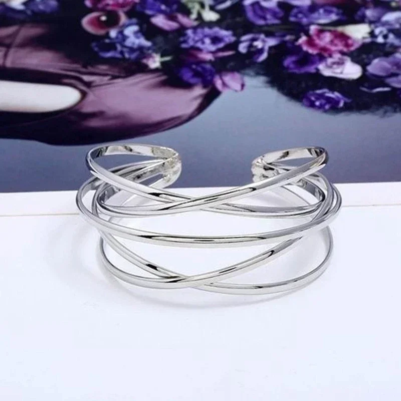 Punk Hollow Alloy Bangles for Women Gold Silver Color Cuff Bracelet Open Adjustable Arm Bracelets 2024 Summer Fashion Jewelry image 5