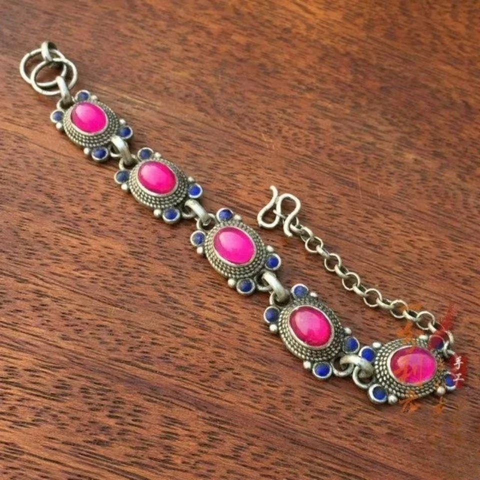 Vintage Silver Star Gemstone Bracelet Adjustable Women Ethnic Handmade Jewelry Gift