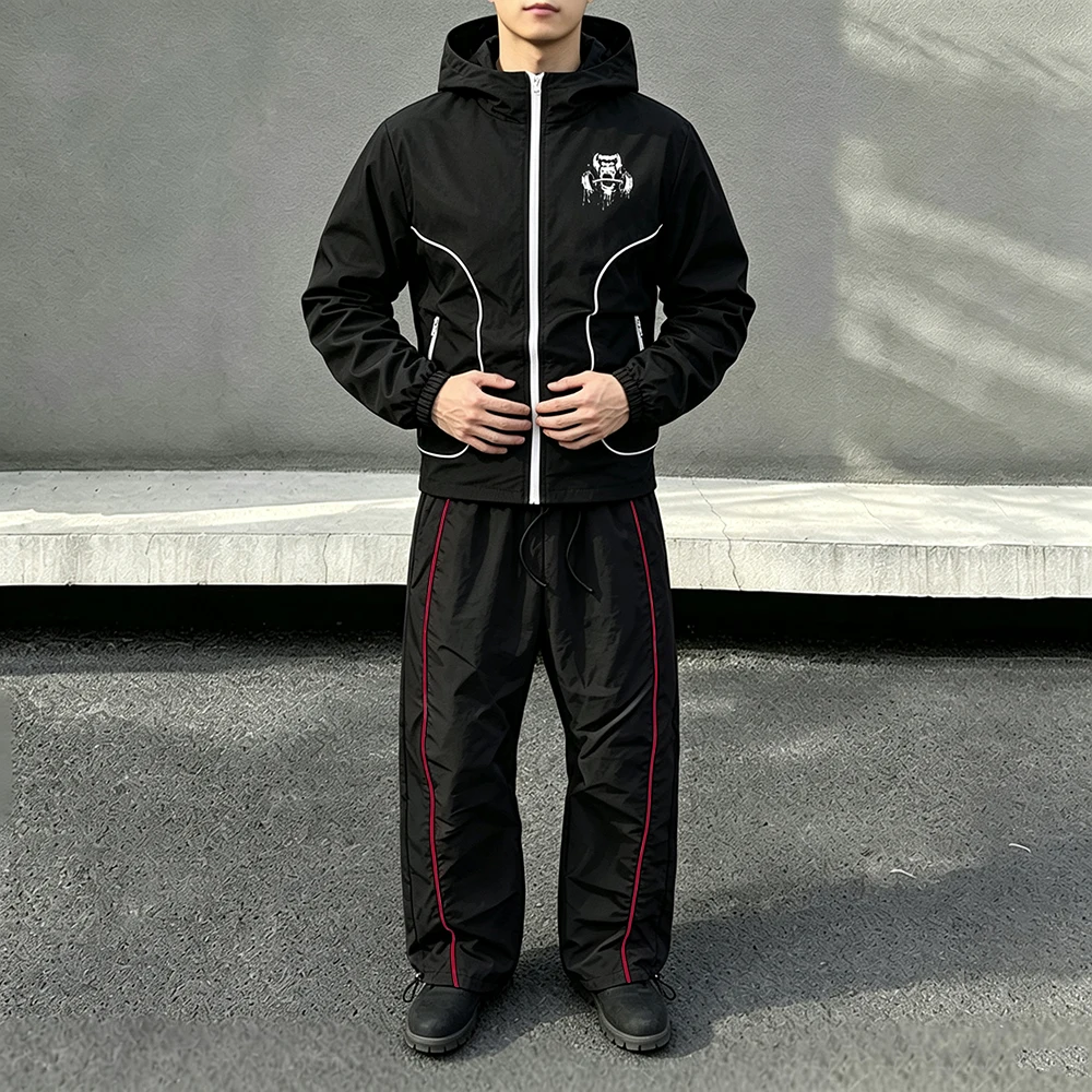 Men 2 Piece Tracksuit Gorilla Dumbbell Print Zip Up Hooded Jacket Drawstring Hem Pants Sportswear Set For Running Streetwear view 5