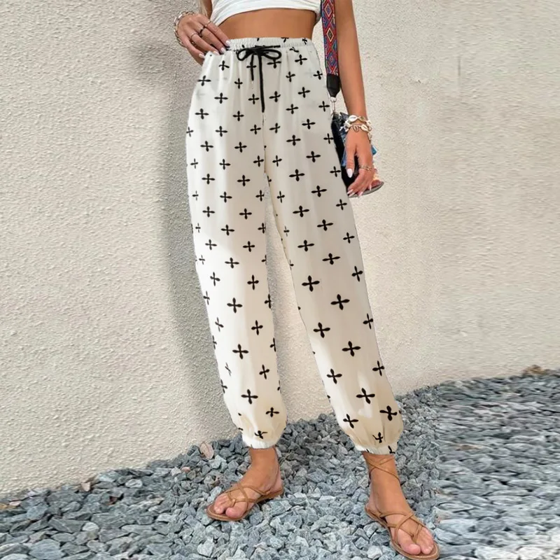 New Summer Casual Fashion Leopard Prints Women Loose Sporty Ninth Length Radish Pants Elastic Drawstring Bloomers Trousers Femme