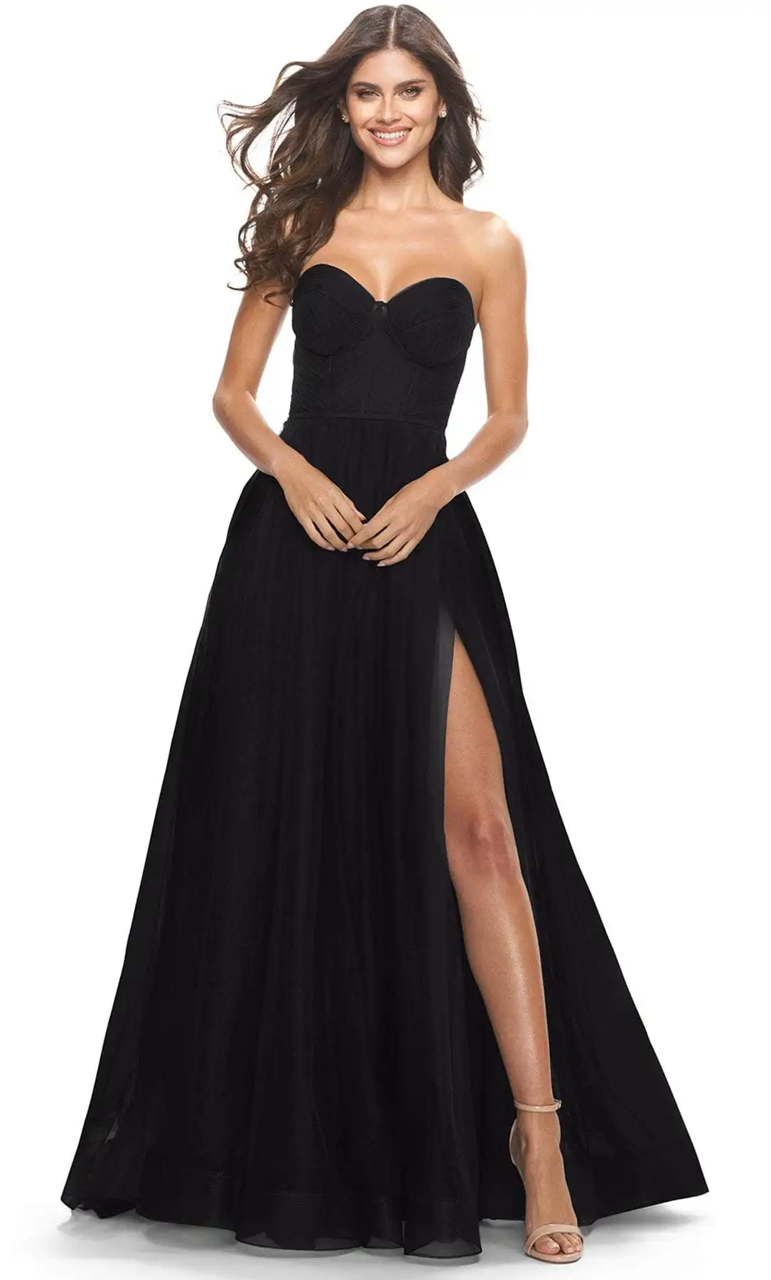 Strapless A-Line Sweetheart Tulle Prom Dress  High Side Slit Sleeveless Wedding Dress Pleated Floor Length Evening Party Gown