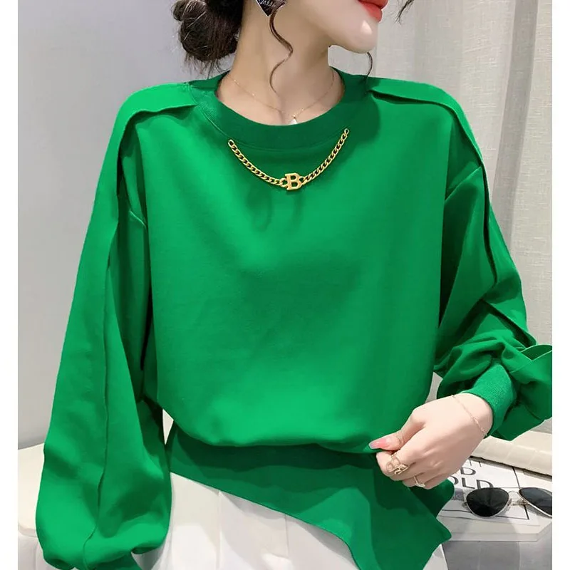 New Autumn Fashion Trend Design Sense Irregular Hem Waistband Round Neck Loose Versatile Western Style Slim Women\'s Sweater