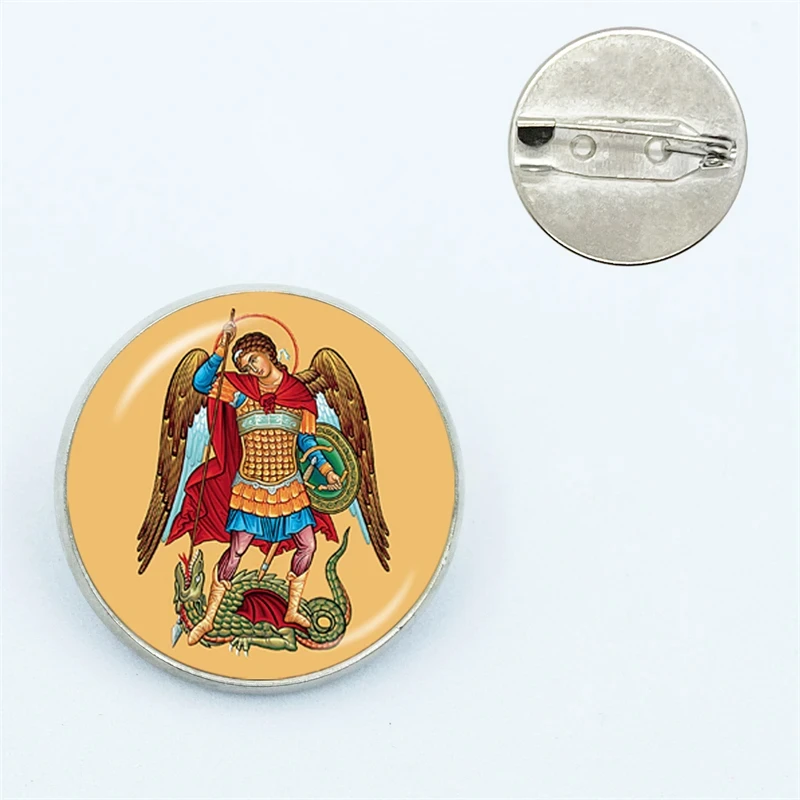 Christian Holy Glass Brooch Archangel St.Michael Protect Me Saint Shield Protection Metal Pins Badge Backpack Clothes Jewelry