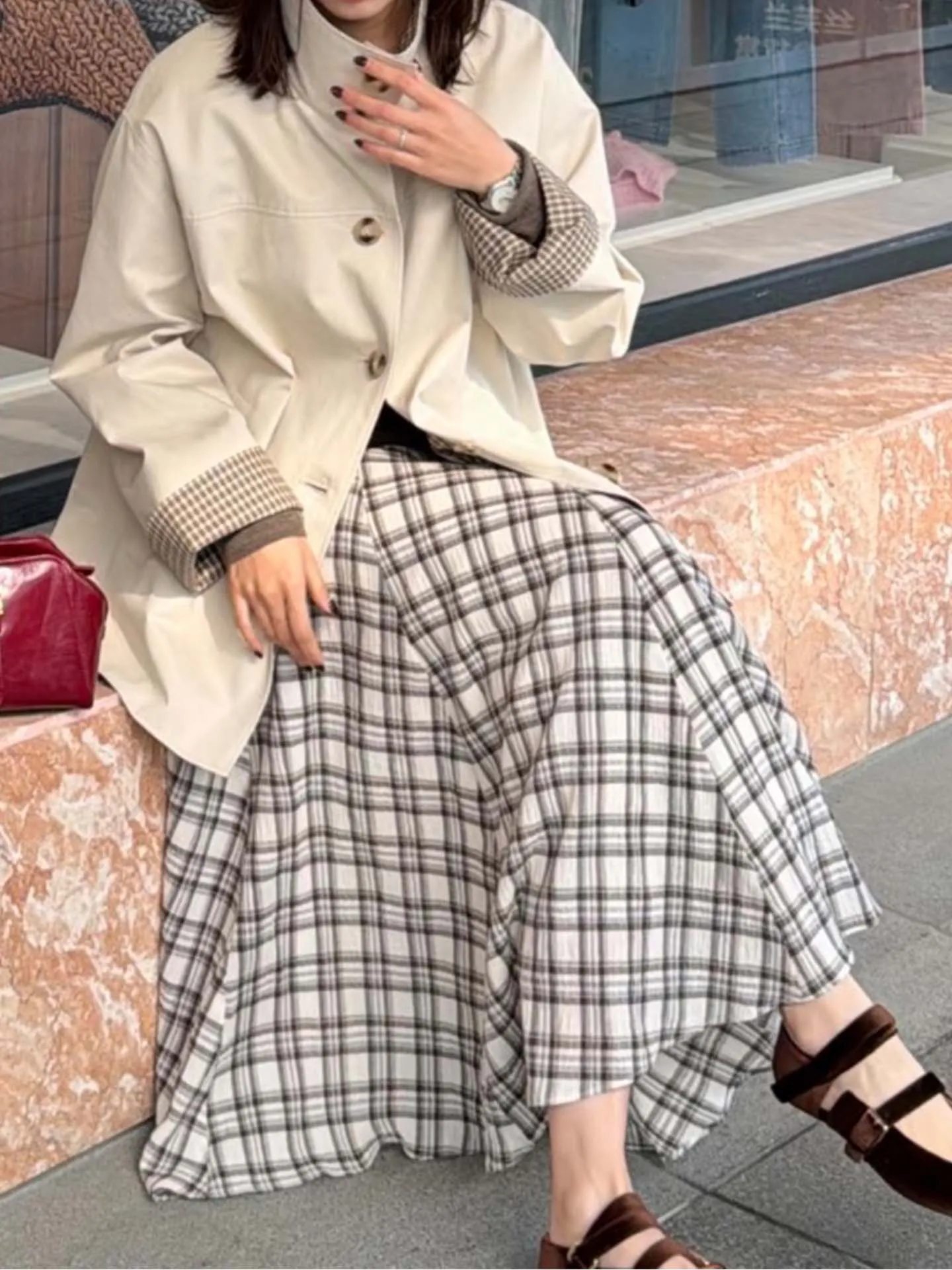 

Легкая юбка А-силуэта из хлопкового плетеного полотна в клетку, весна 2026, тонкая длинная юбка с высокой талией, на молнии, из смесового хлопка