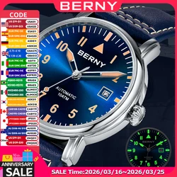 BERNY Pilot Automatic Watch Men Mechanical Luminous Army Military Vintage Watch Sapphire Waterproof 100m Diver Wristwatch Men