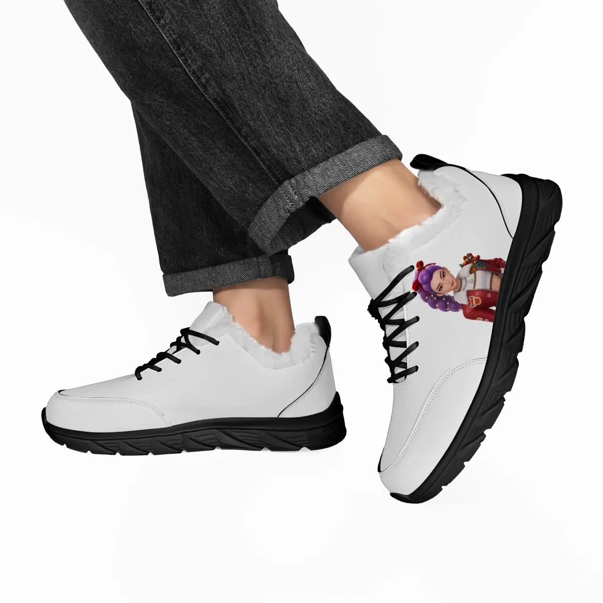 Sapatos casuais personalizados com forro de pele branca, calçados esportivos de inverno com personagem de desenho animado, tênis plataforma masculino, sapatos femininos da moda
