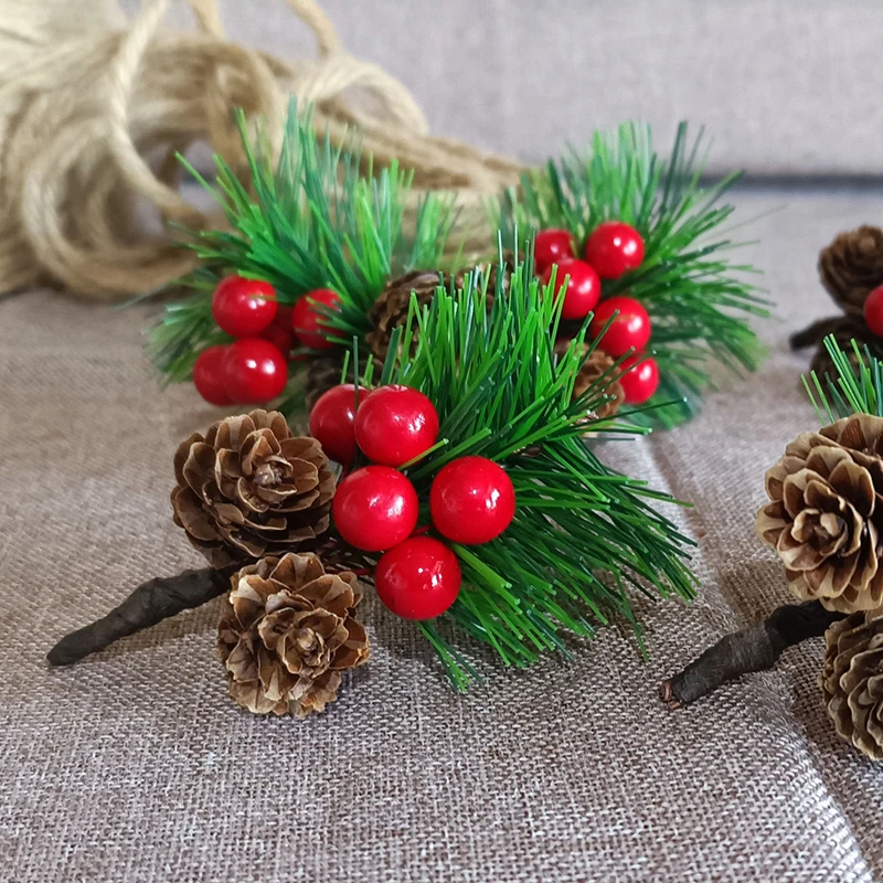 

10Pcs Christmas Mini Artificial Pine Needle Berry Plant Fake Branches Wedding Party Xmas Tree Hanging Pendant Gift Box Decor