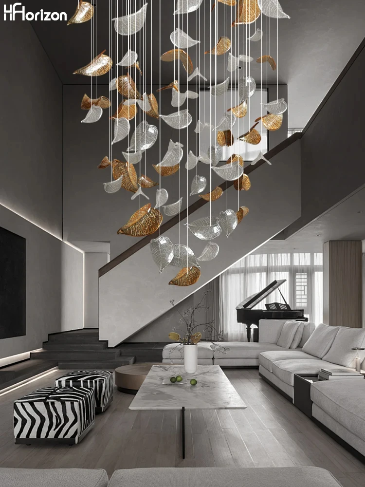 

Scandinavian Large High Creative Leaf Glass Ceiling Chandelier Lamp,Suspension Luminaire for Villa Duplex Dining room Staircase