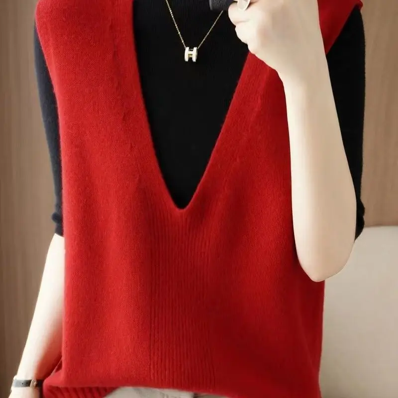 V-neck Knitting Ladies Pullovers Autumn Winter Solid Color Sleeveless Women\'s Clothing Simplicity Interior Lapping Sweater Vest