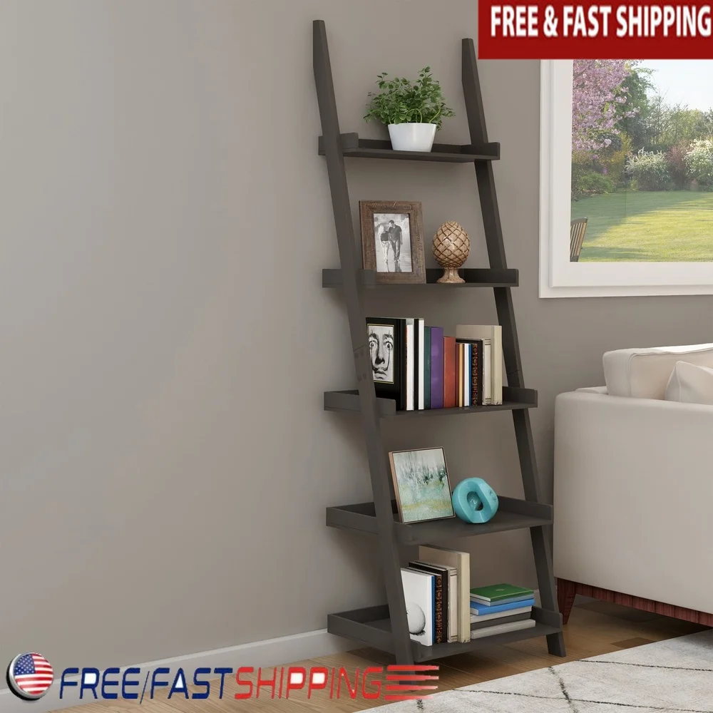 

5-Tier Leaning Ladder Bookshelf Modern MDF Bookcase Home Office Storage Display Shelf Gray Decor Stylish Design