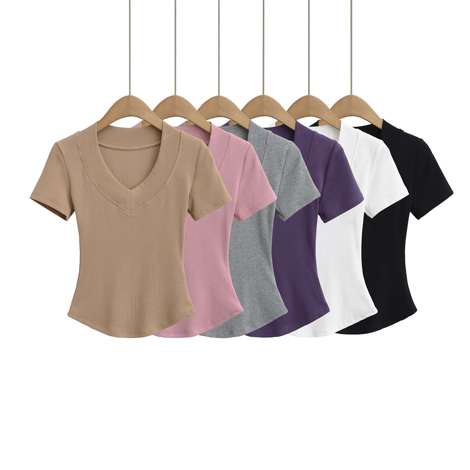 Self-cultivated figure sweet and sexy style deep V-neck waist-cinching short-sleeved T-shirt for women summer slimming 8OYS
