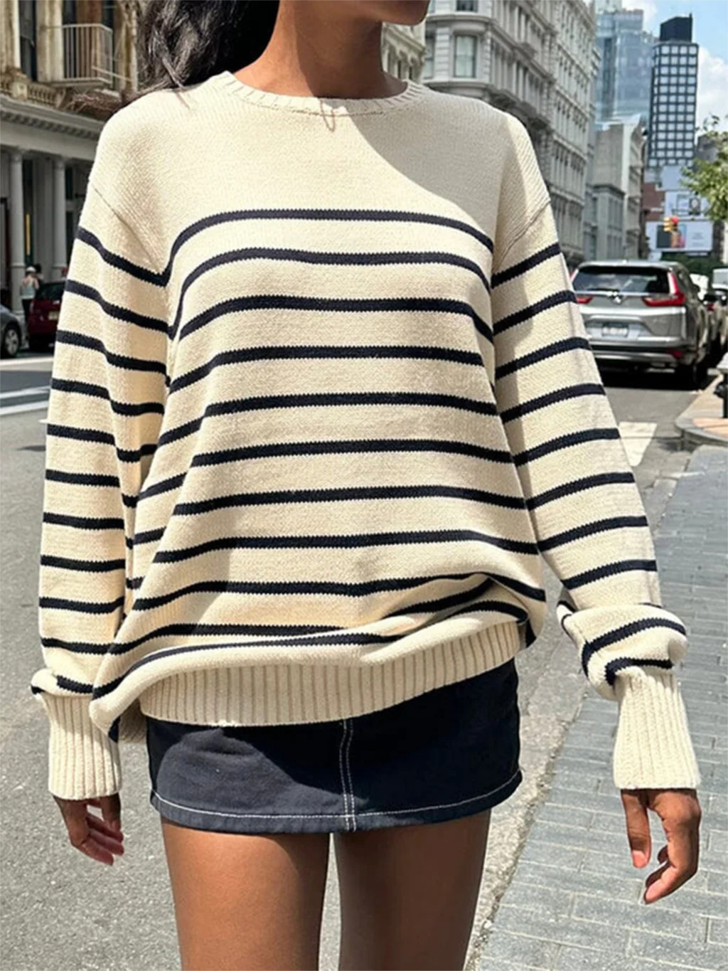 Klassische Streifen lose Frau Pullover Herbst Rundhals ausschnitt Langarm Baumwoll pullover Pullover Streetwear Preppy Style Y2k Pullover