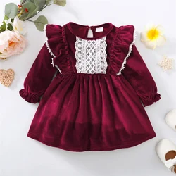 Christmas Party Satin Vintage Dress Long Sleeve Spliced Lace Princess Dresses Fall&Winter Fashion Wear for 2-7 Years Child Girls