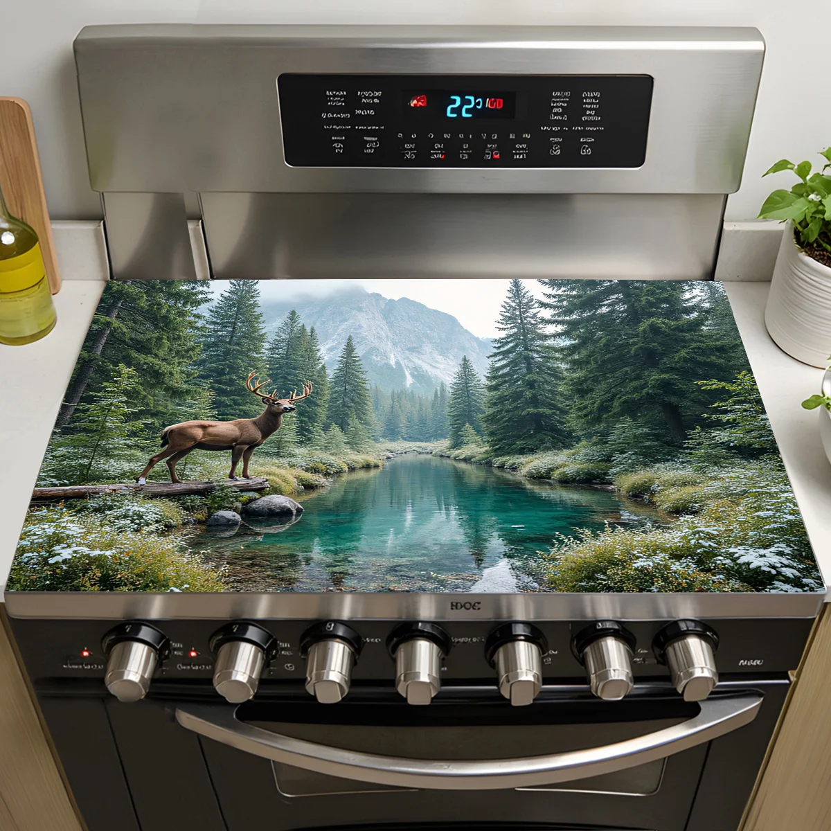 

Термостойкий нескользящий коврик-накладка для варочной панели с ландшафтным рисунком «Лесные олени и горы» для электрической плиты, декор для кухни и дома