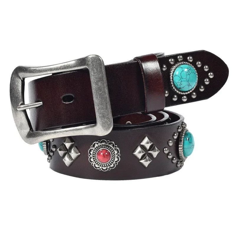 Designer Men Fashion Punk Hip Hop Rivets Belts Round Rhinestone Studded Retro Belt Original Leather Waistband Womens P110