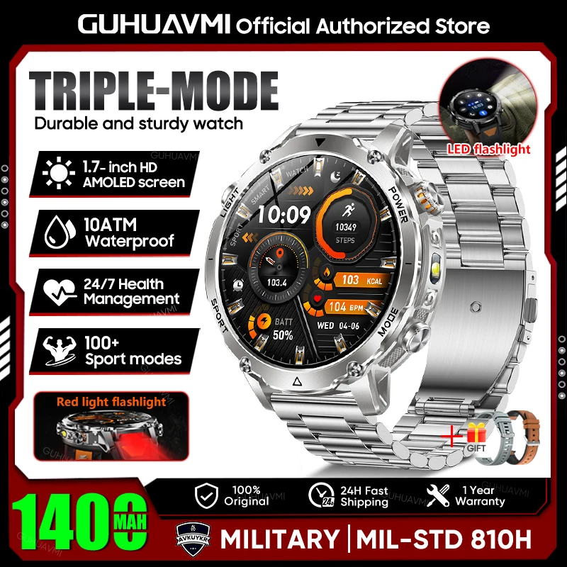 2026 Neue TANK Ultra 1400mAh Batterie Militär-Smartwatch 10ATM Wasserdicht Herzfrequenz Taktische LED-Taschenlampe Herren Sportarmband