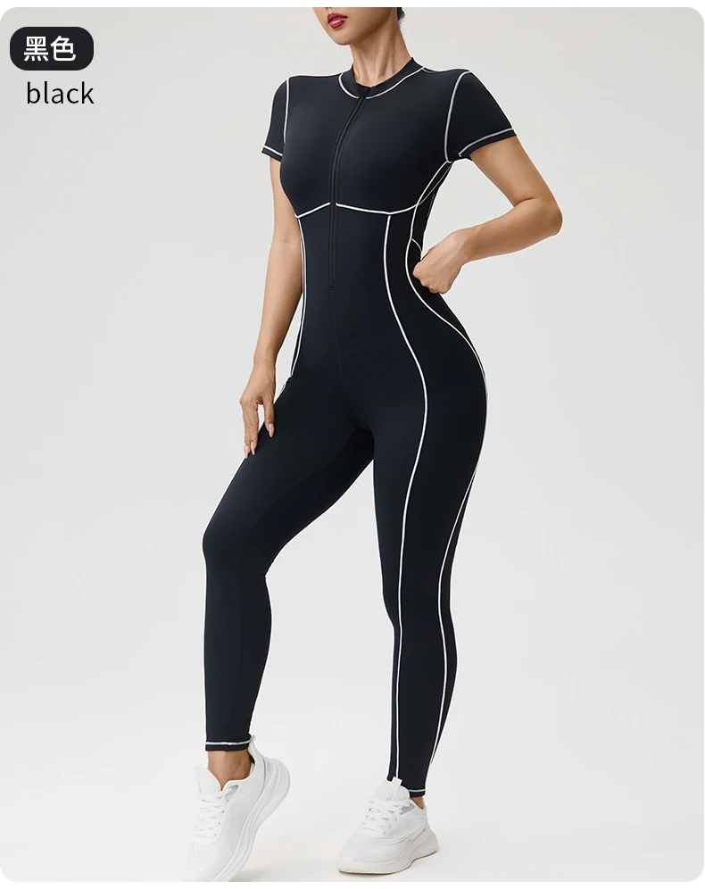 Einteiliger Yoga-Jumpsuit für Damen mit Brustpolster, Leggings, kurzen Ärmeln, rückenfrei, schmale Passform, Sport-Outfit, hohe Elastizität, weicher Komfort – Detail 11