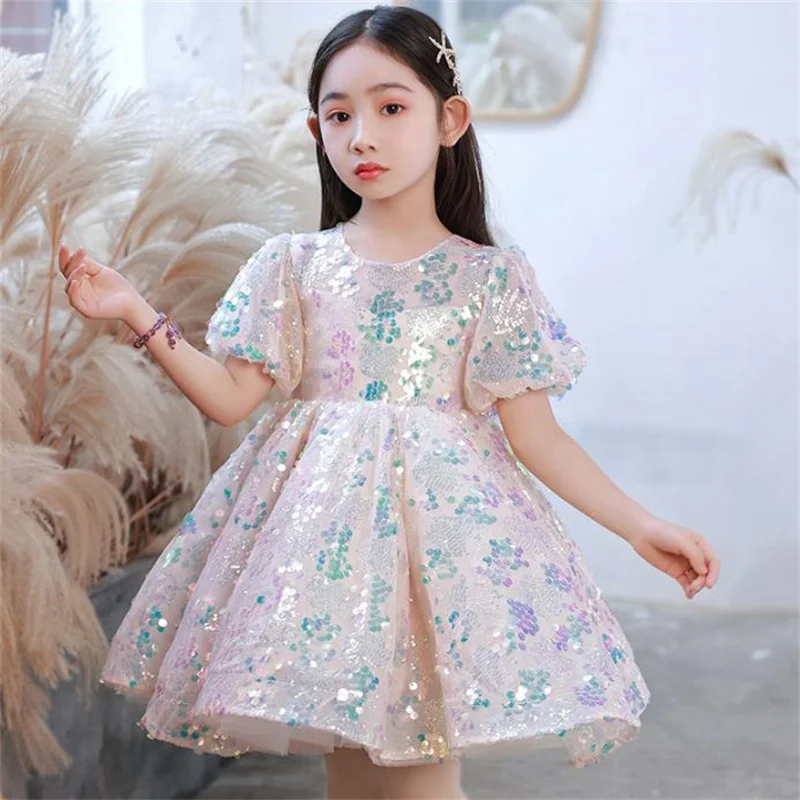 

Children's short-sleeved sequins aline casual dress princess dress new birthday piano flower girl