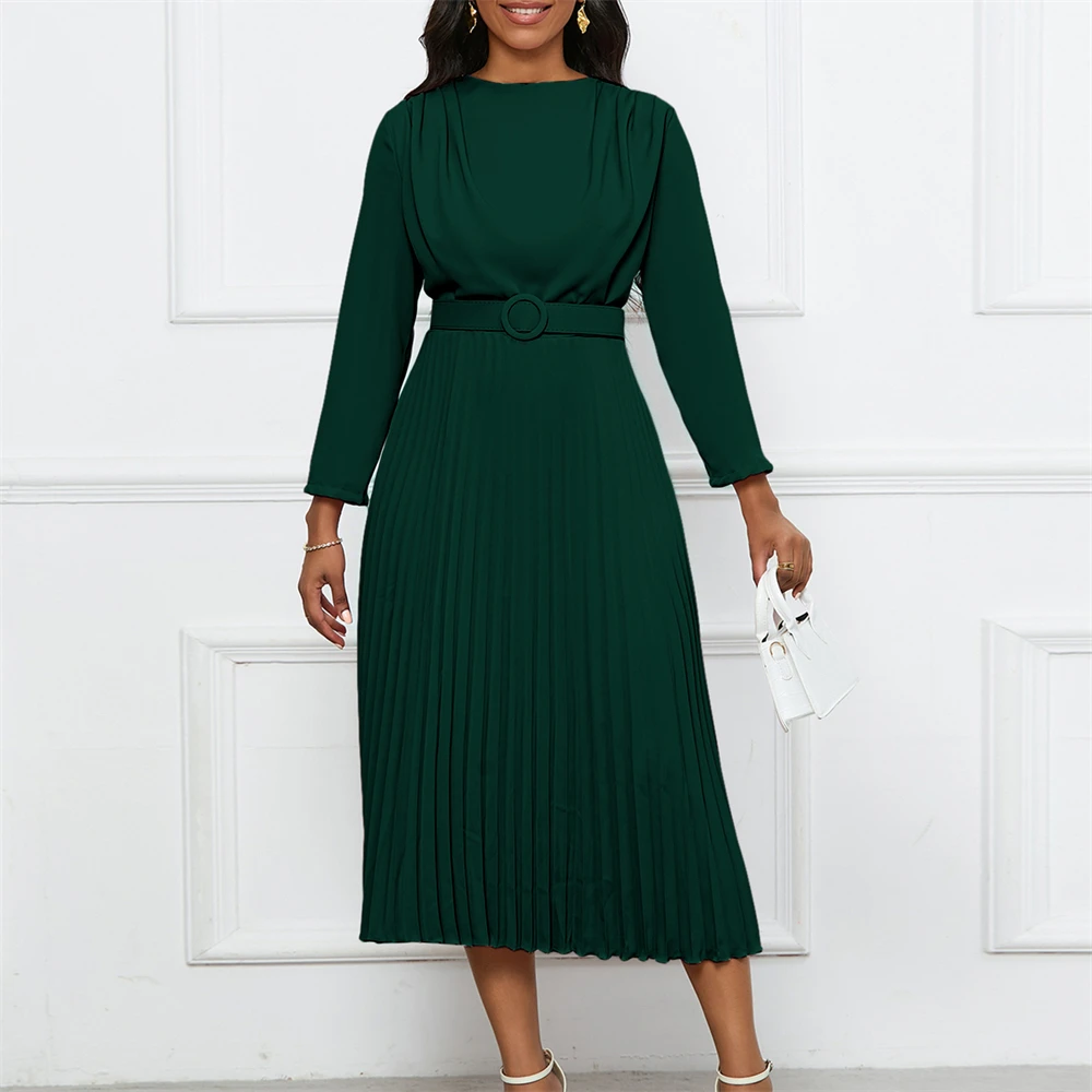 Spring Summer Midi Pleated Dress Long Sleeve Office Lady Africa Sashes Women High Waist OL Style Elegant Dresses Vestidos Gown