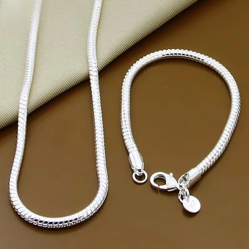 

925 Sterling Silver 16/18/20/22/24/26/30 Inch 3mm Snake Chain Bracelet Necklace Sets For Women Man Fashion Charm Jewelry