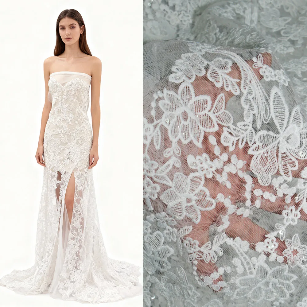 

Высококачественная белая кружевная ткань - тюль с блестками и бисером для свадебных и вечерних платьев