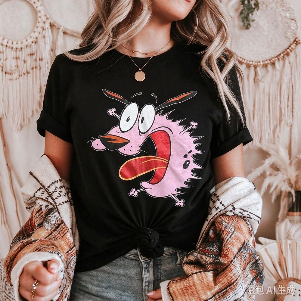 Vintage Courage the Cowardly Dog Cartoon Print Short Sleeve T-Shirt Retro Unisex Graphic Tee 90s Nostalgia Summer Streetwear Top