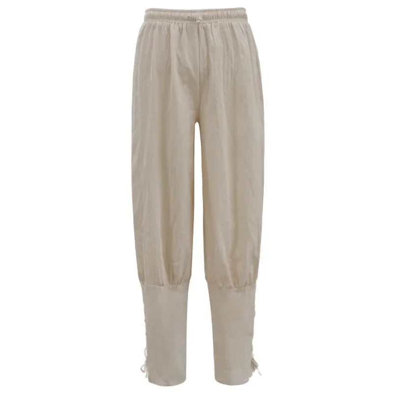 زي القراصنة من عصر النهضة في العصور الوسطى للرجال والنساء ، فارس القرع ، فارس ، بنطلون فايكنغ ، بنطلون برباط برباط للكاحل ، ملابس كتان