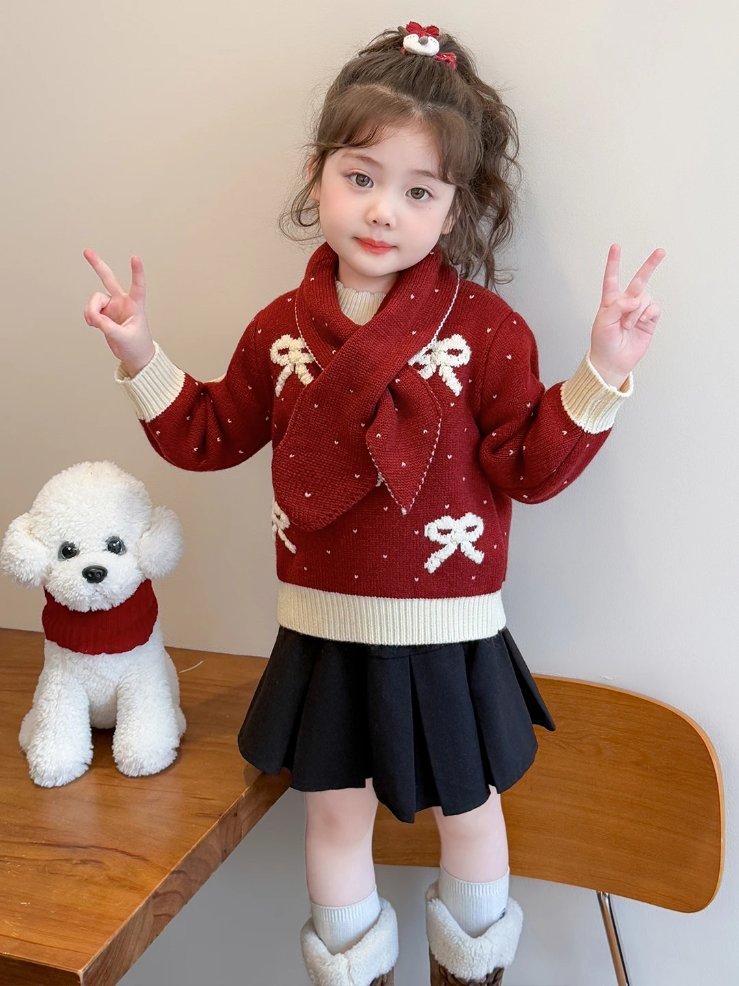 

Утепленный вязаный свитер с шарфом для девочек, зимняя одежда с узлом, базовый вязаный свитер для малышей, модный шерстяной свитер