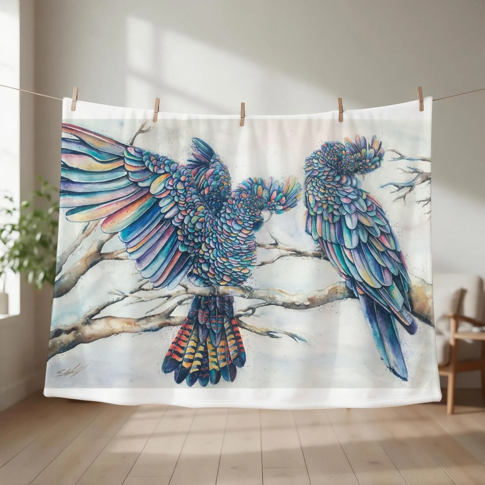 Black Cockatoo Pair - Rainbow Throw Blanket couch cozy soft plush fuzzy picnic outdoor blanket