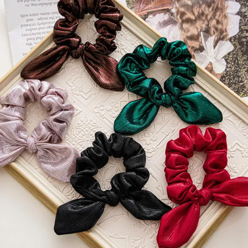 Christmas Scrunchies 5pcs Solid Color Hair Accessories Headband Set Christmas Ponytail Holders With Bow Tie For Women Girls image 3