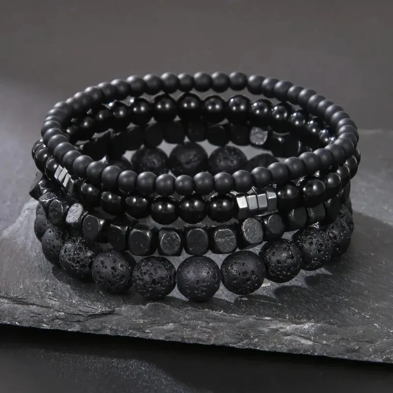Hot Sale 4Pcs Multi-layer Men Elastic Bracelets Black Gall Stone Volcanic Wood Beads Couple Friend Jewelry Accessory Gift