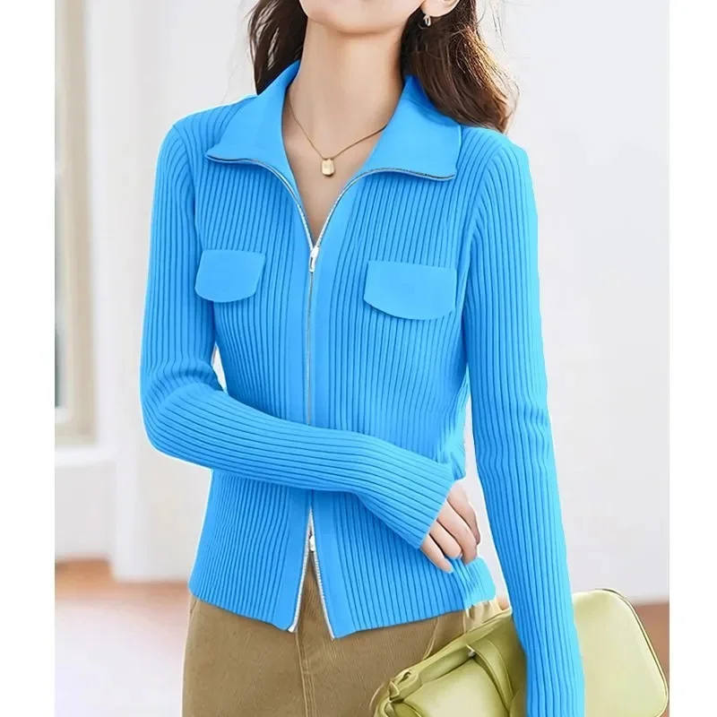 

2025 Korean Fashion Double Zipper Lapel Cardigan Women Autumn Winter New Casual Loose All-Match Knitted Sweater Ladies Jagket