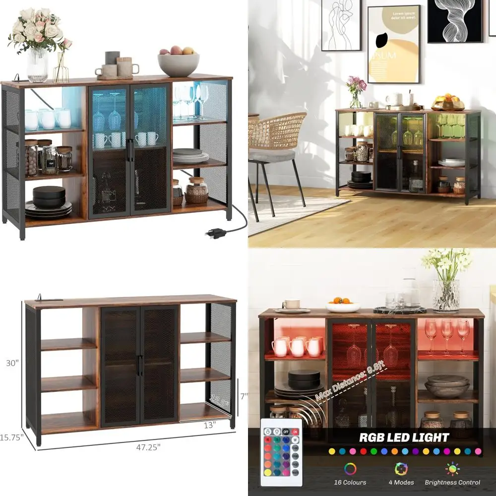 インダストリアルスタイル47リカー収納キャビネット、充電ステーションとLED照明付き、ホームワインバーテーブル用