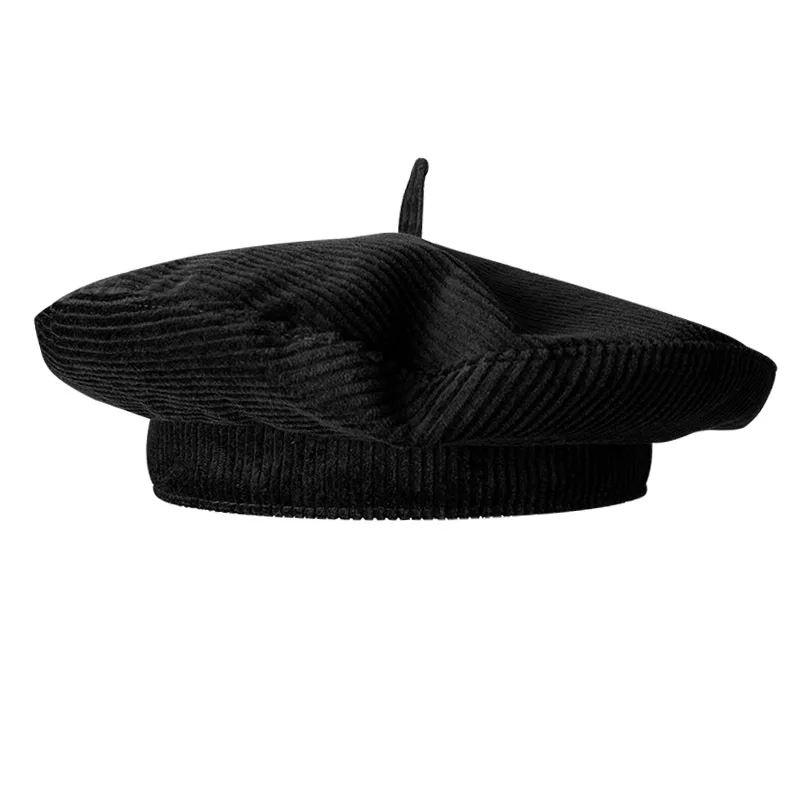 

Autumn Winter Fashion Corduroy Black Beret Versatile Stylish Flying Saucer Hat Elegant Painter Cap Fashion Headwear for Women