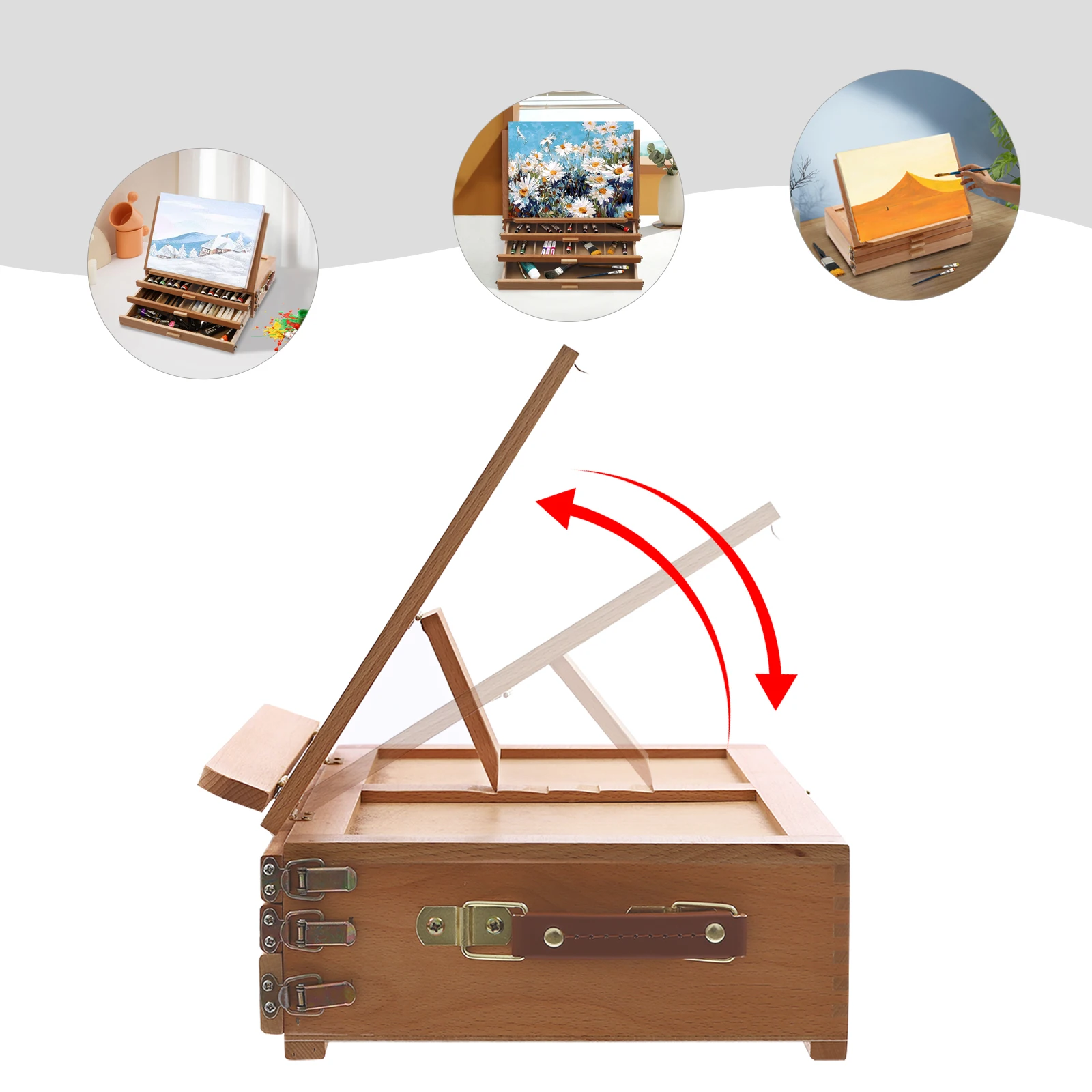 ブナ材ペイントボードスタンド 3つの引き出し付き 調節可能 0-60 °   アングル折りたたみ式ポータブル画材収納用