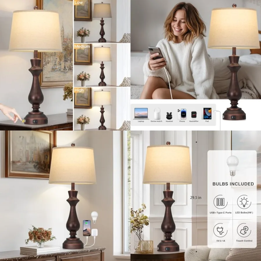 

Vintage Table Lamp for Living Room, 30" Tall Bedside Lamp with USB Charging Port, 3-Way Dimmable Touch Nightstand Lamp for Bedr