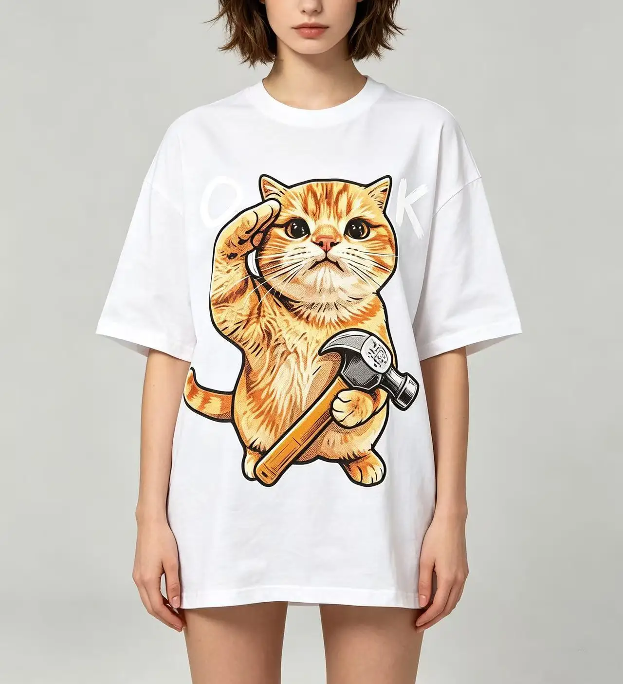 Unisex Funny Orange Cat Salute Hammer Cartoon Graphic T‑Shirt Men Women Cute Pet Oversized Cotton Tee