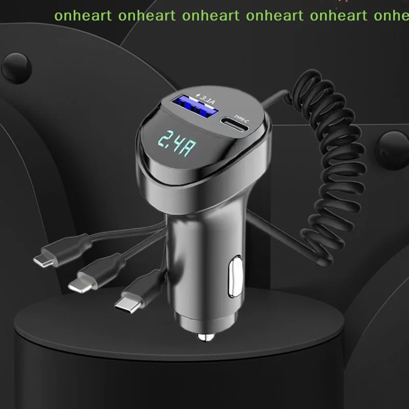 

[C]2 Ports USB Fast Car Phone Charger 3.1A Voltage Display Car 3in1 USB Retractable Charging Cable For Truck Automobile Vehicle