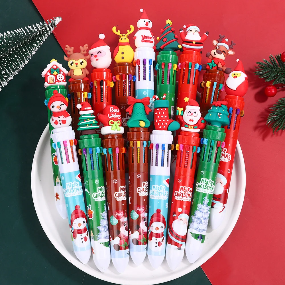 

25 шт./лот, милые рождественские 10 цветов, шариковые ручки, разноцветные ручки для прессования, рождественские подарки, детские письменные принадлежности для школьников