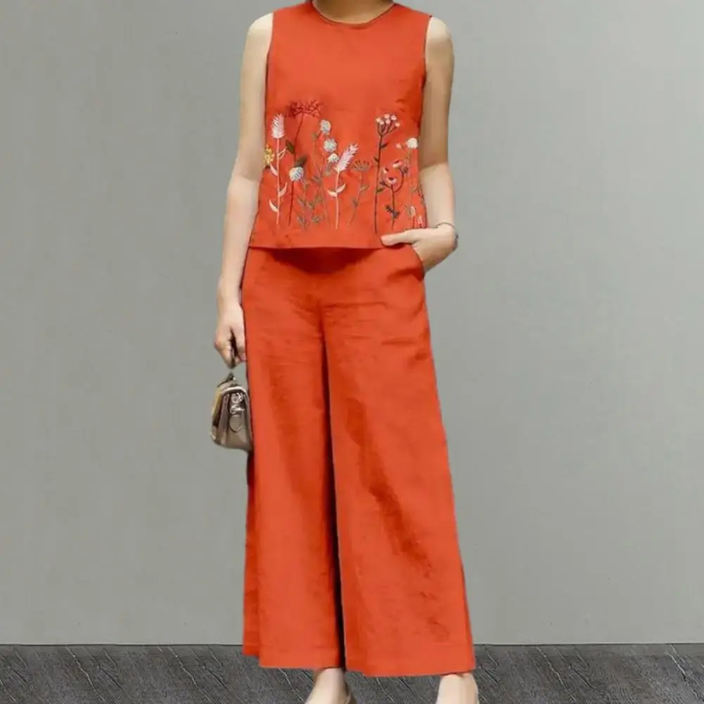 بدلة نسائية مطرزة بالزهور ، طقم بنطال صدرية واسعة الساق ، بلوزة صيفية أنيقة ، جيوب خصر مرنة ، تطريز بالزهور