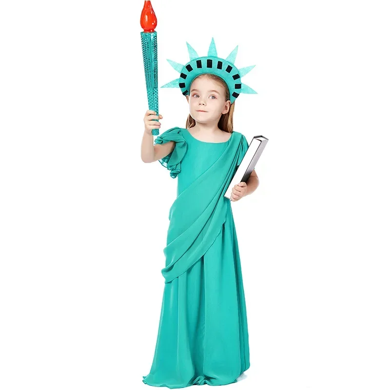 

Kids American Statue Of Liberty Cosplay Costume Ancient Greek Girls Dress Turquoise Ancient Roman Robe Masquerade Party Costume